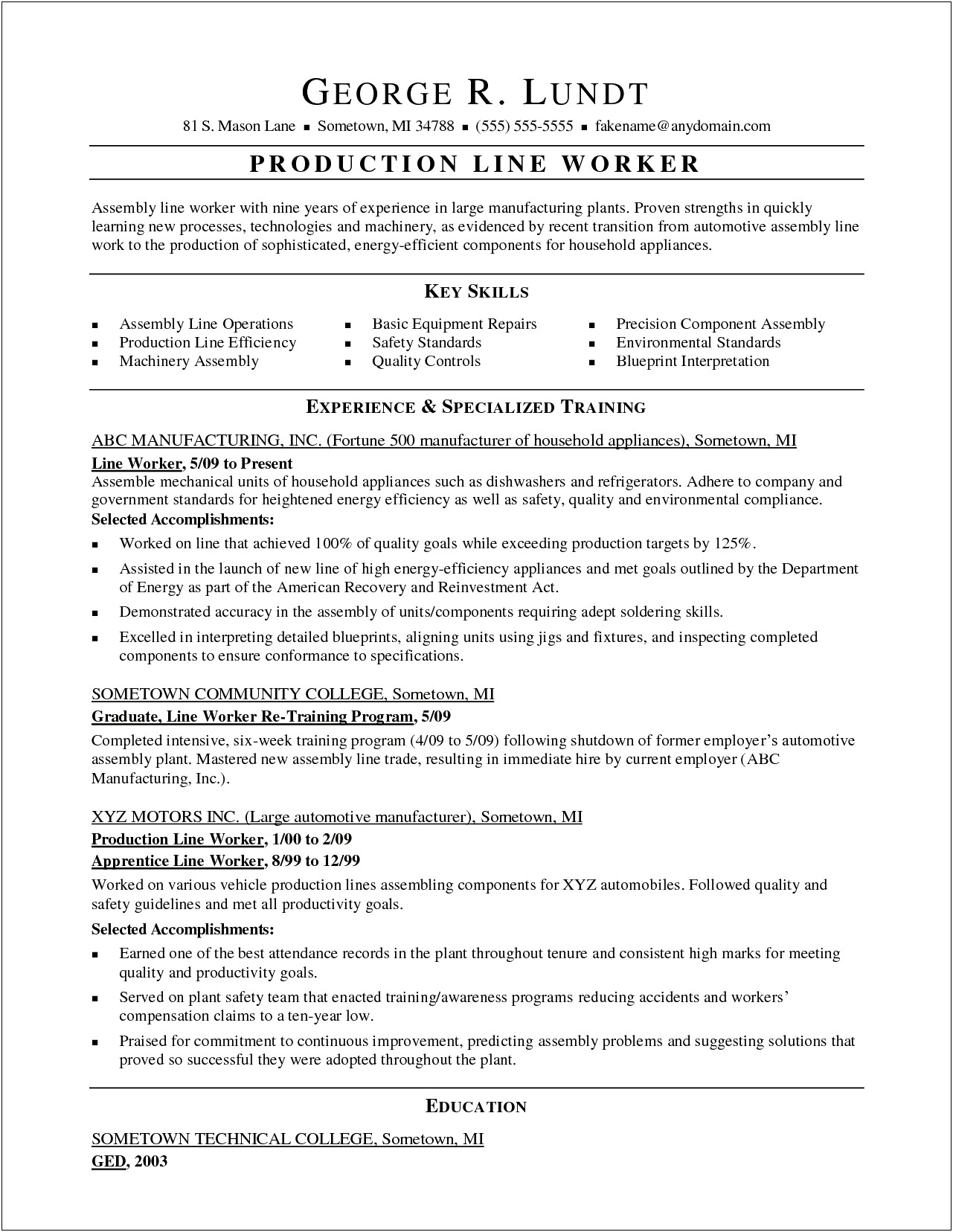 Resume To Work In A Factory