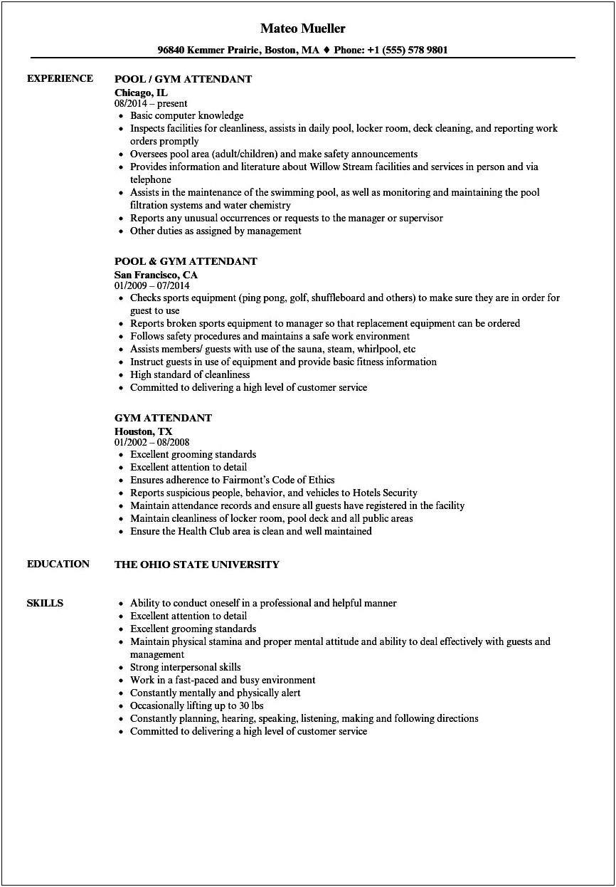 Resume To Work In A Gym