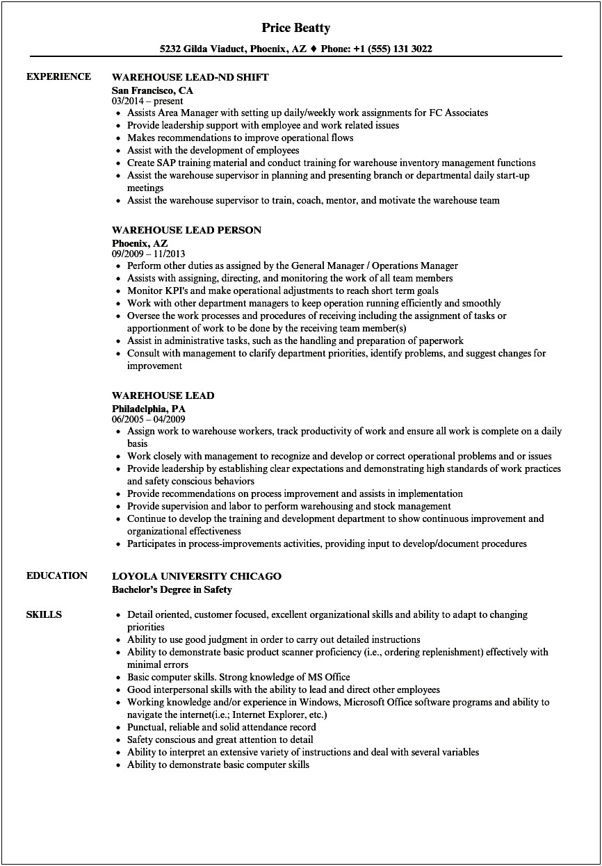 Resume To Work In A Warehouse