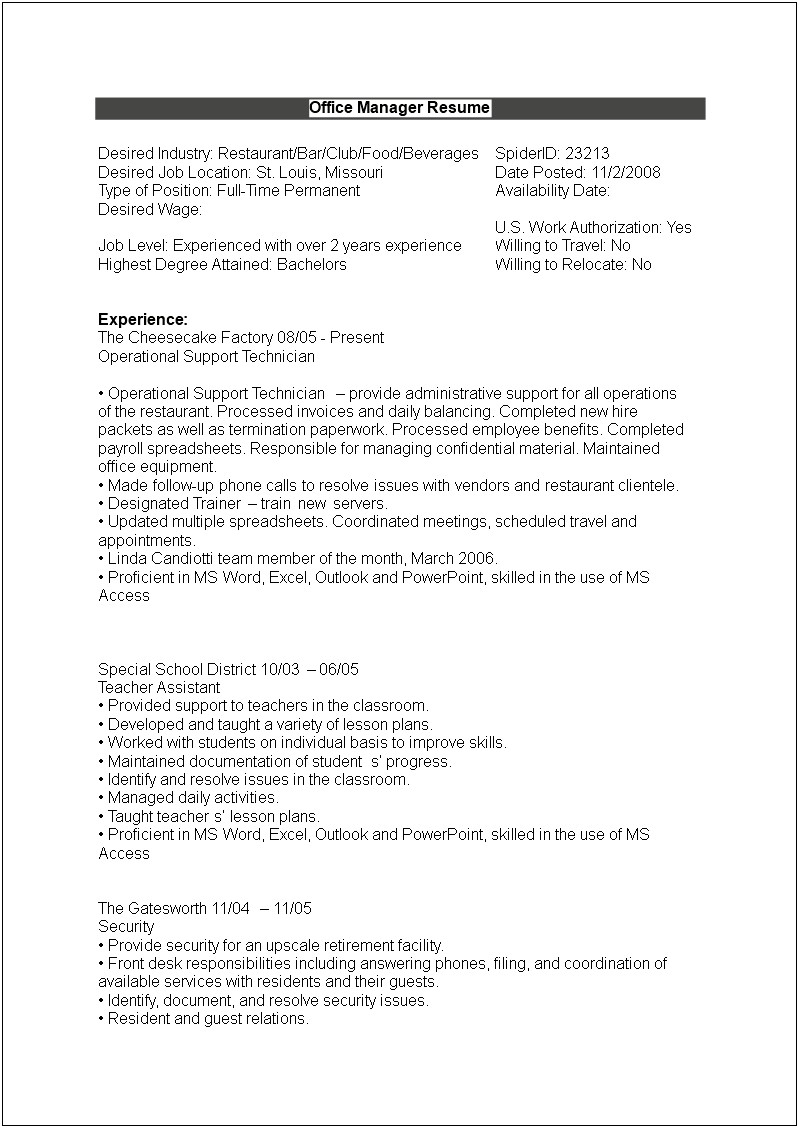 Resume To Work Within The School Office