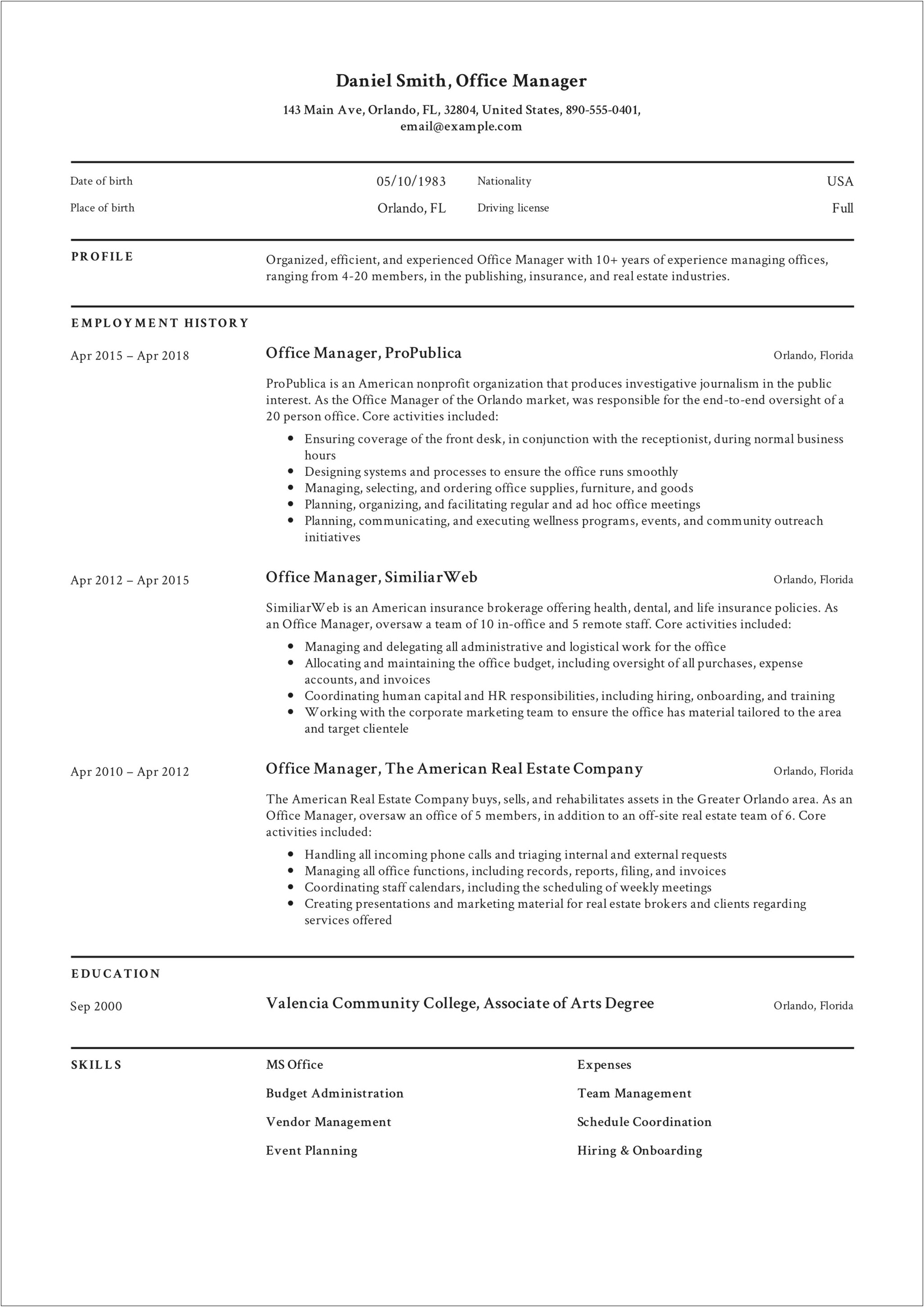 Resume Verbiage For Office Manager