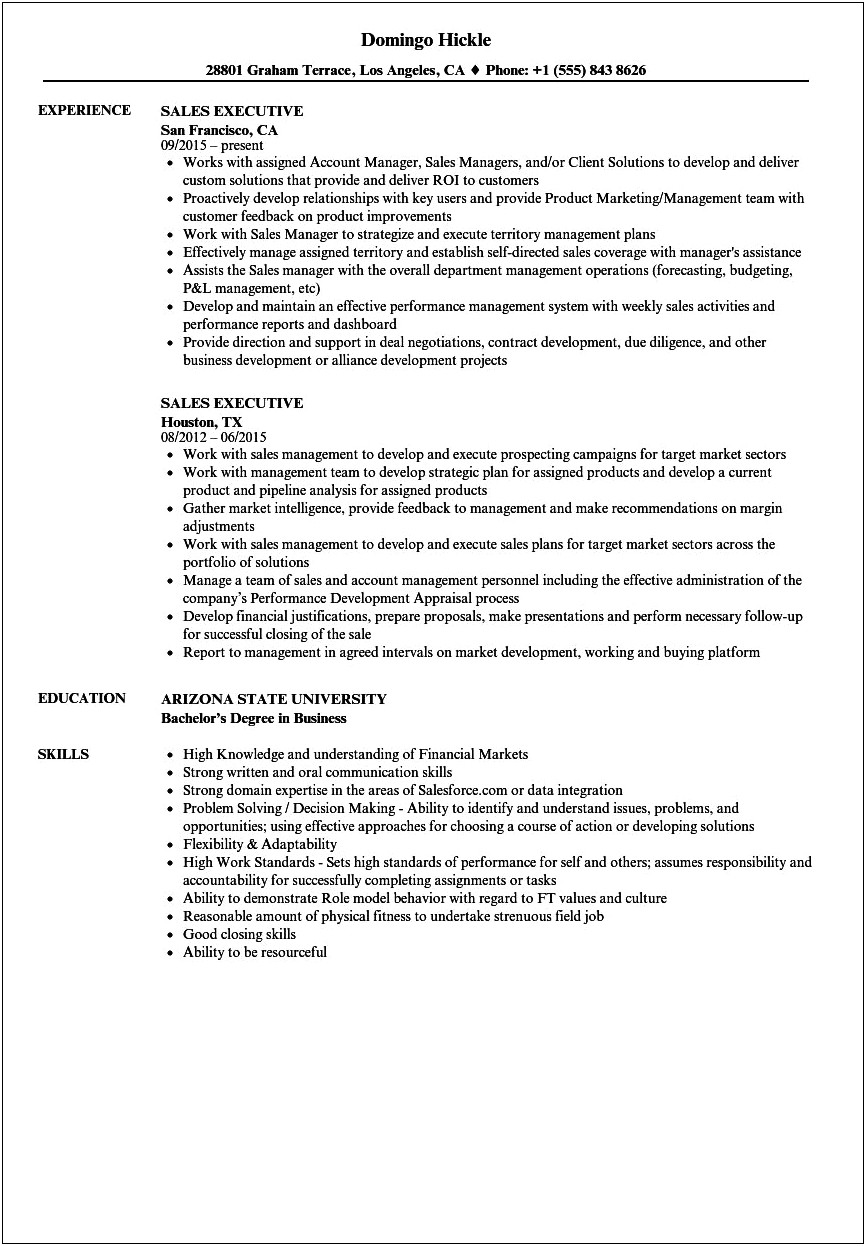 Resume Verbiage For Sales Manager