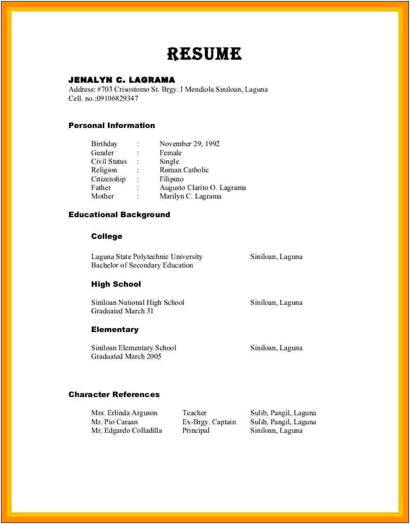 Resume With Character Reference Sample