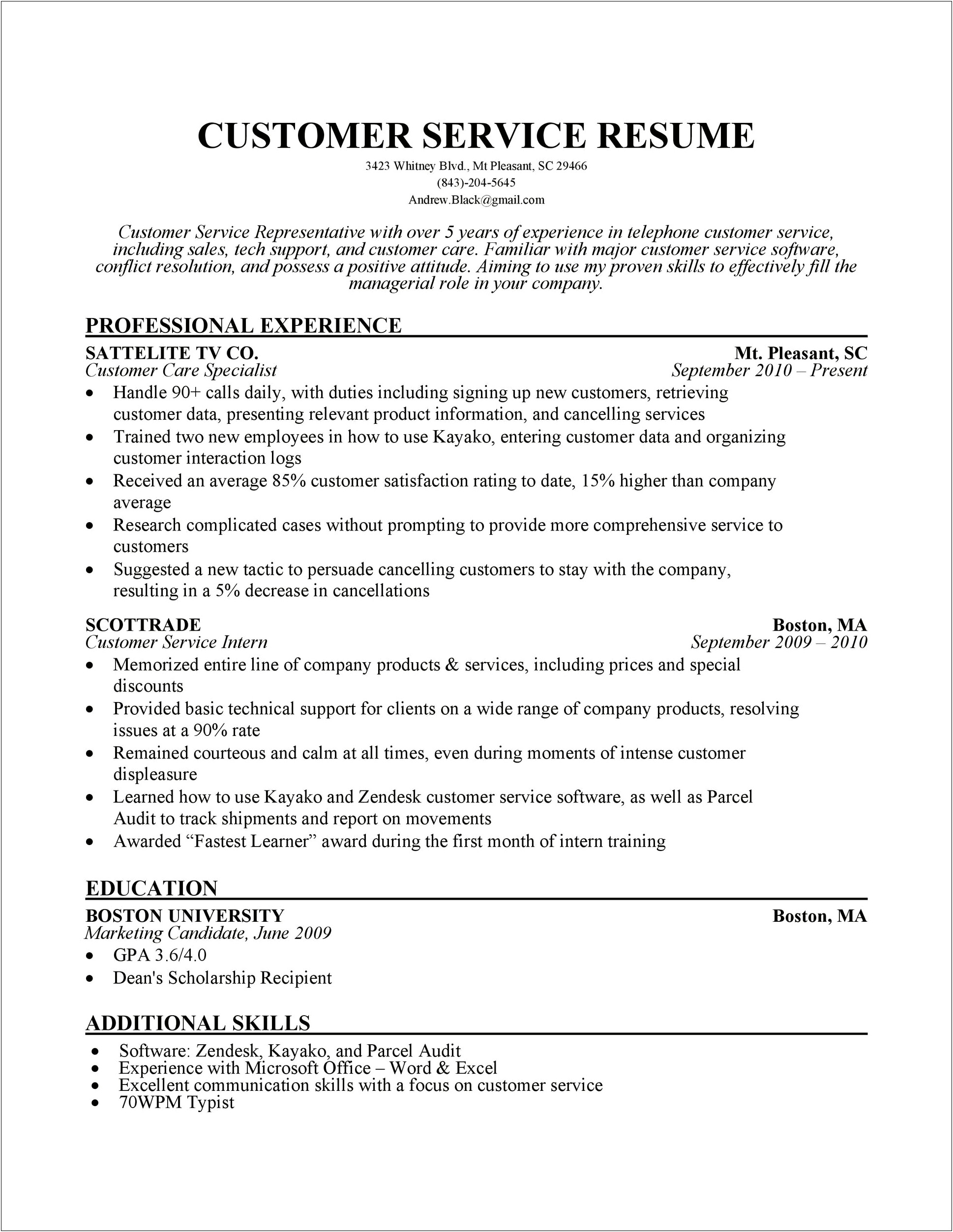 Resume With Customer Service Experience Include