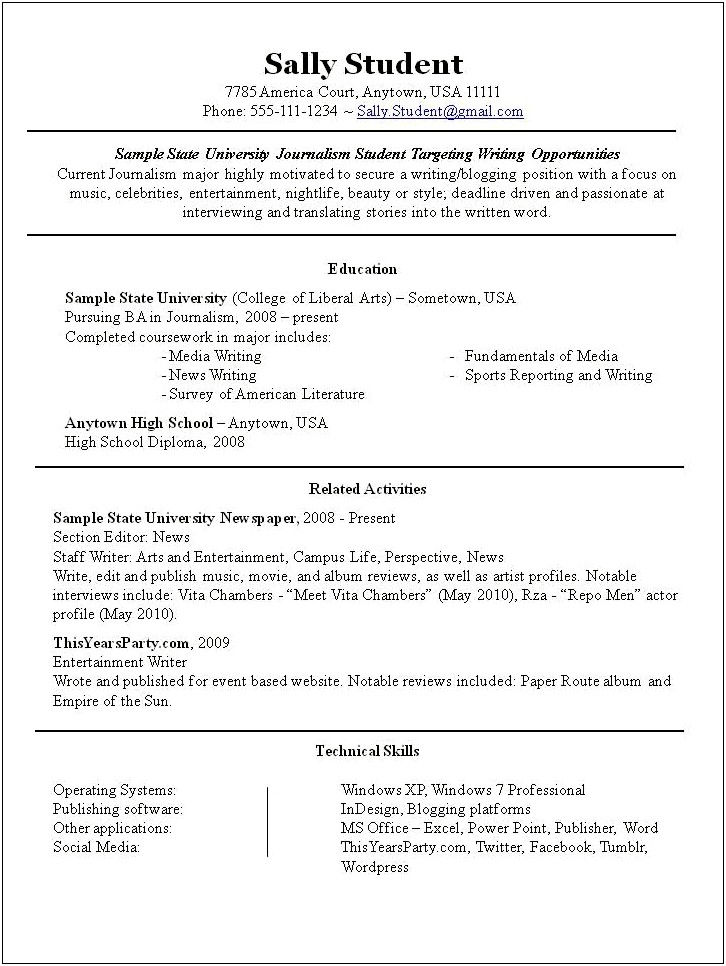 Resume With Extracurricular Activities Examples