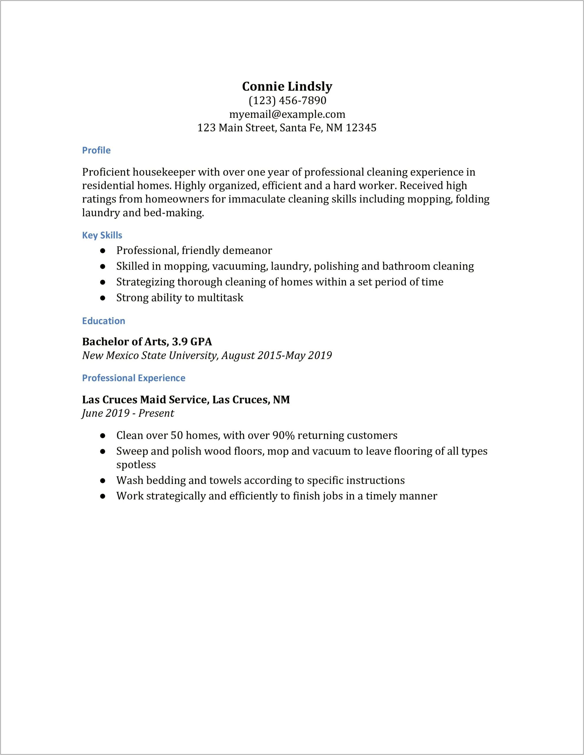 Resume With Housekeeoing And Laundry Experience