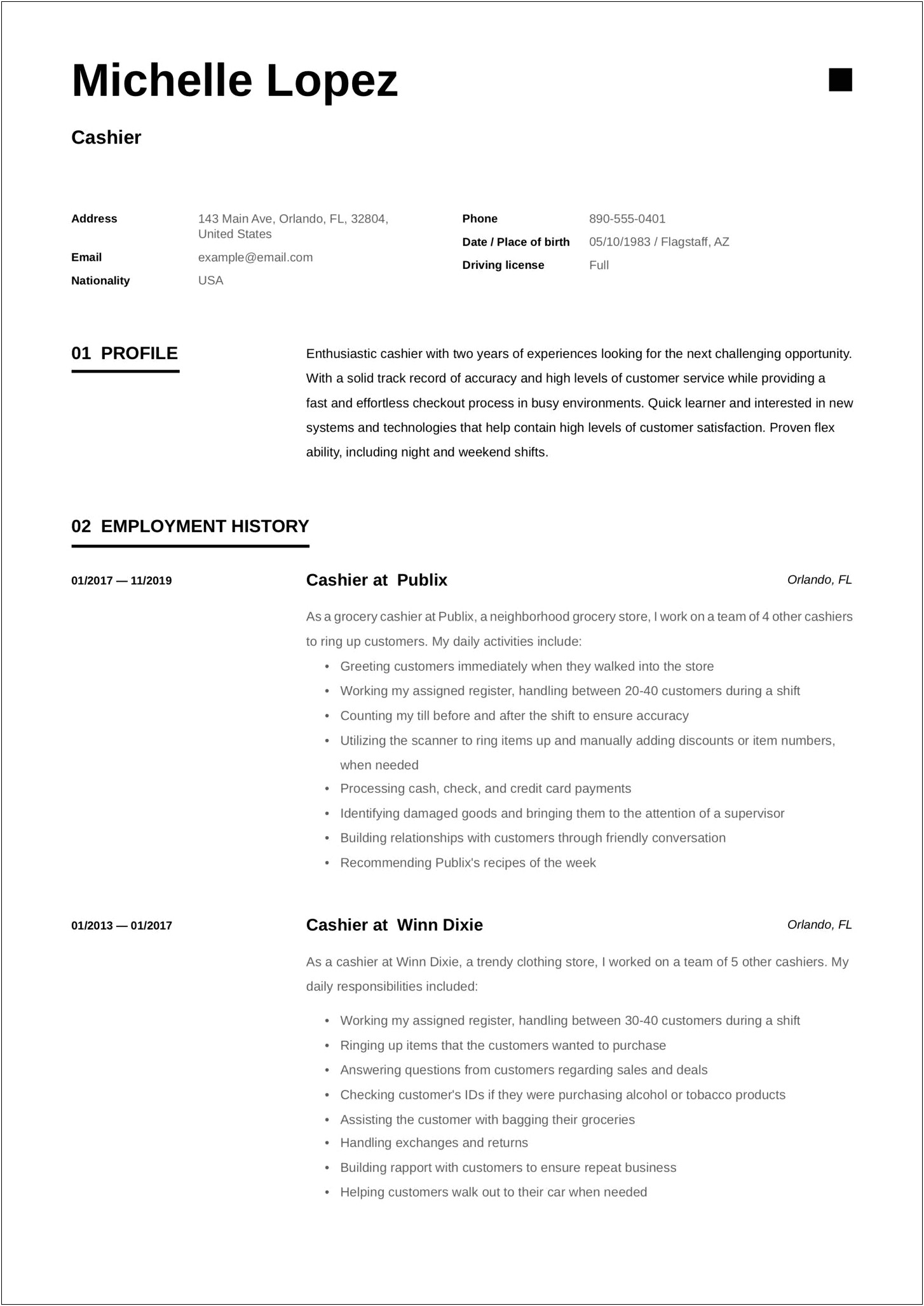 Resume With No Work Experience Cashier Position