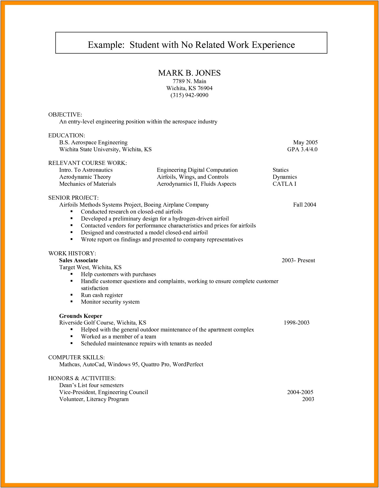 Resume With No Work Experience Example College