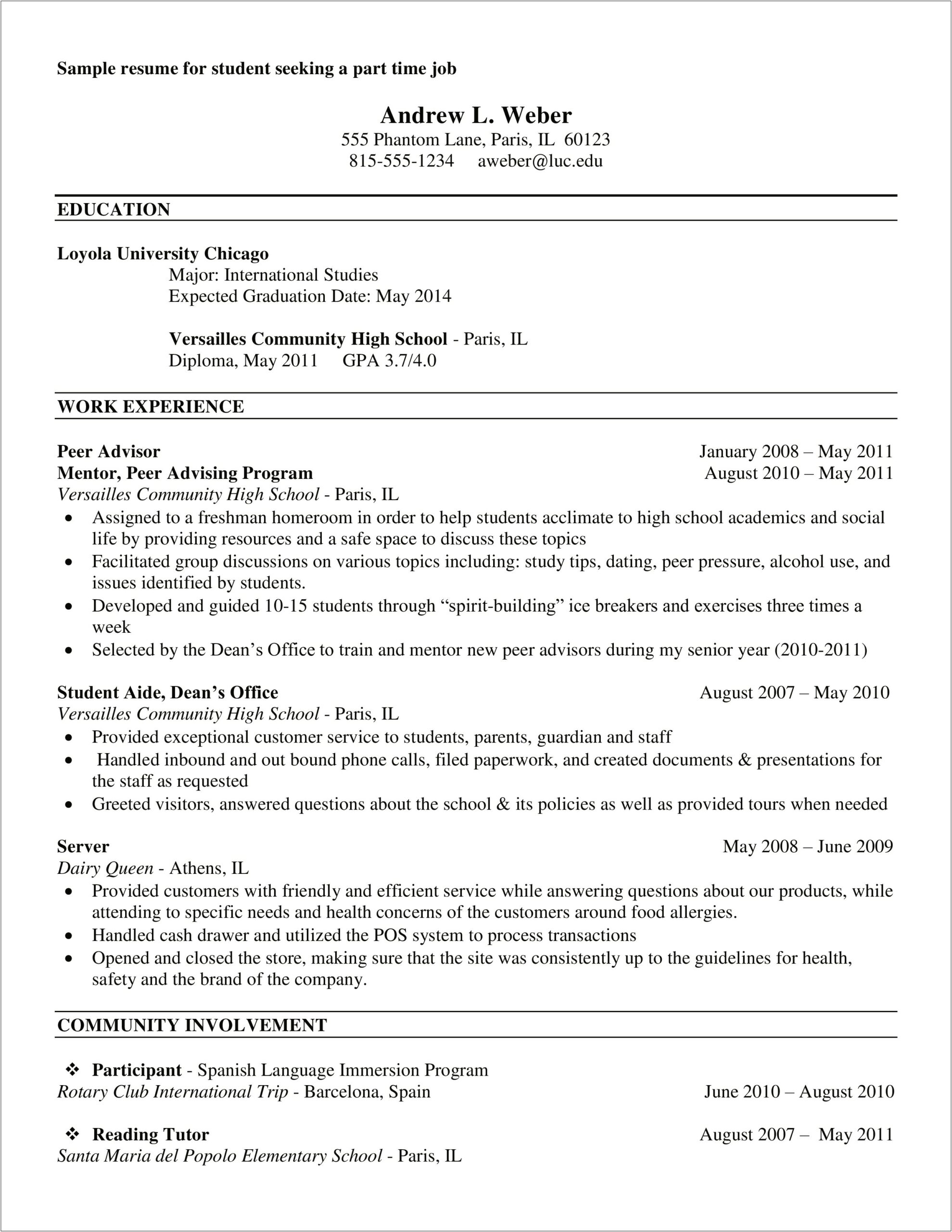 Resume With Part Time Job