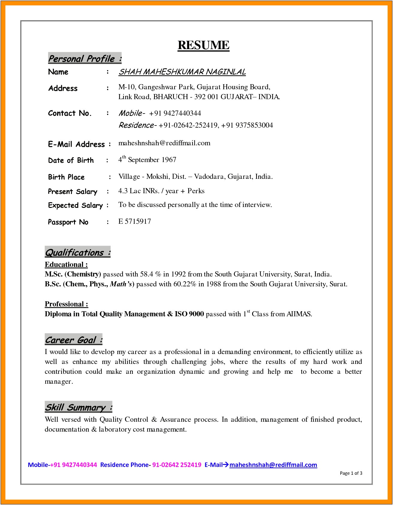 Resume With Personal Details Sample