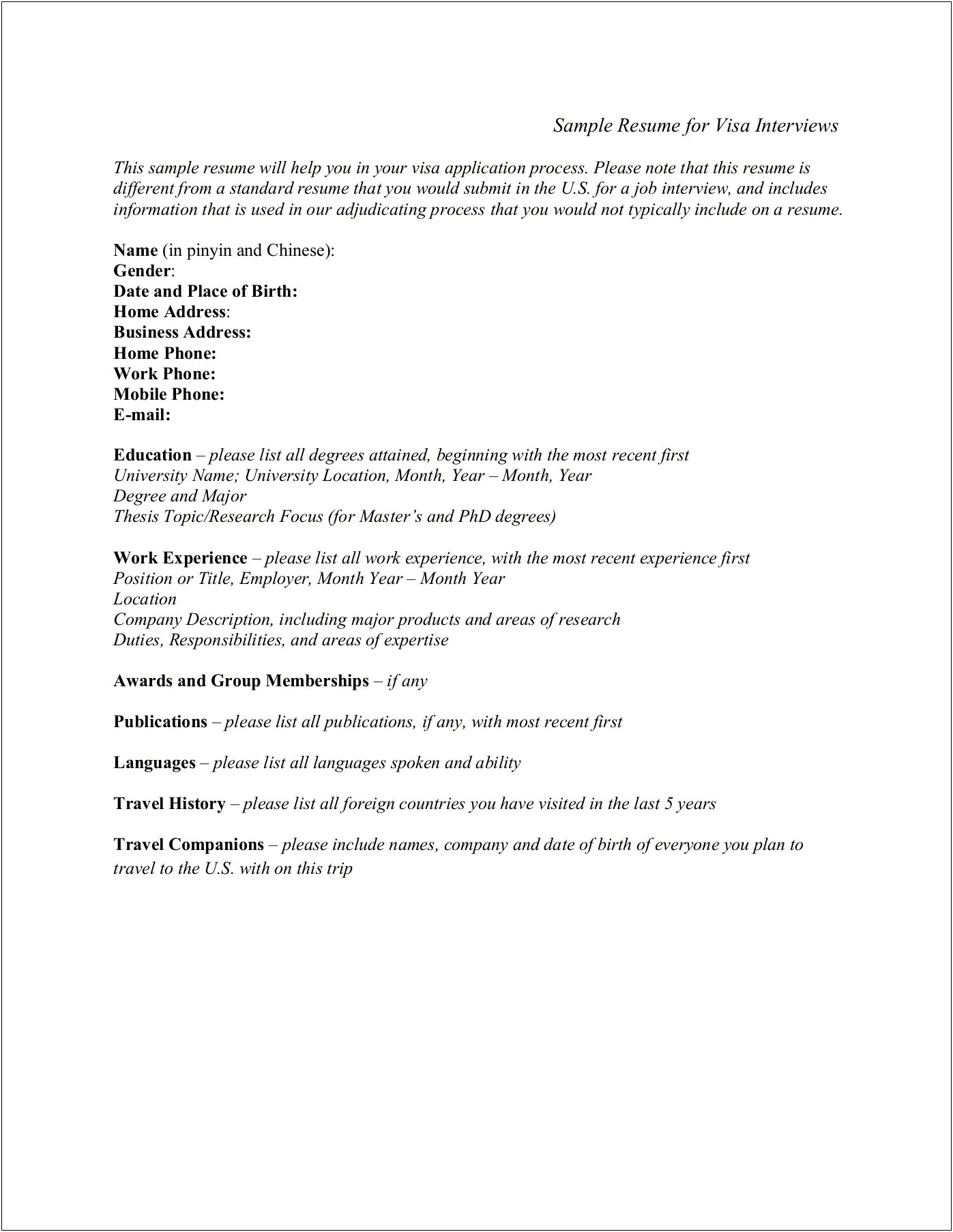 Resume With Visa Details Examples