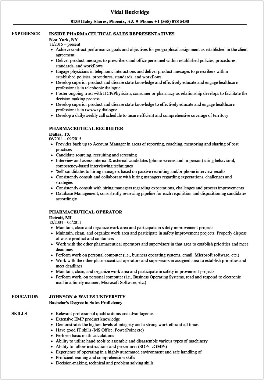 Resume Wording For Pharmecutical Industry Inspection Support