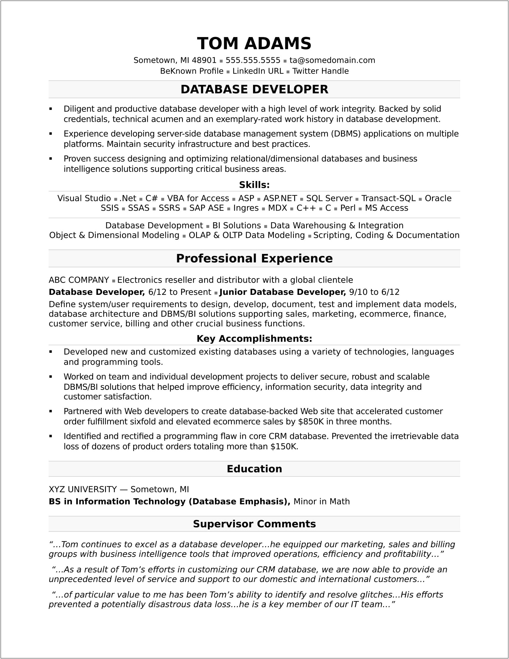 Resume Wording For Working With Databases