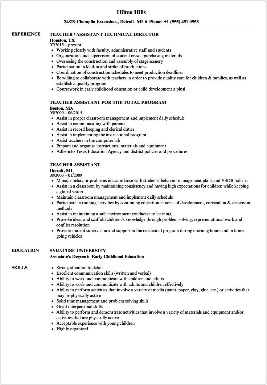 Resume Wording Samples For A Teachers Assistant
