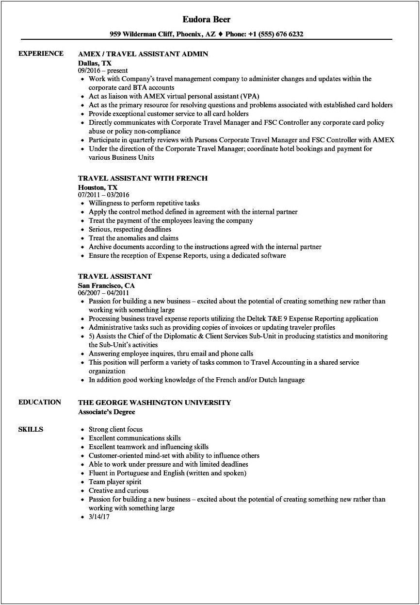Resume Work And Travel Example