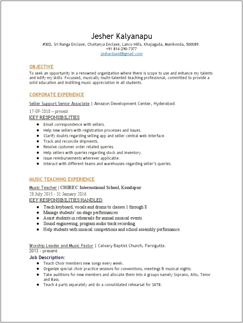 Resume Work Description Choir Assistant Description