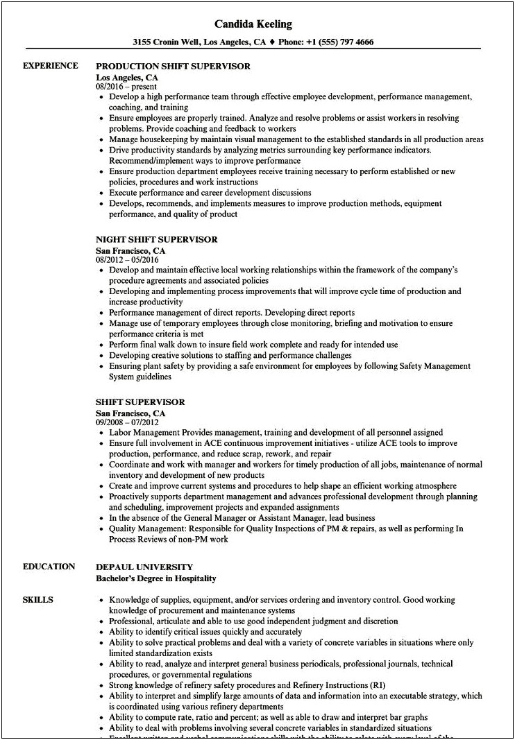 Resume Work Description Shift Lead Description