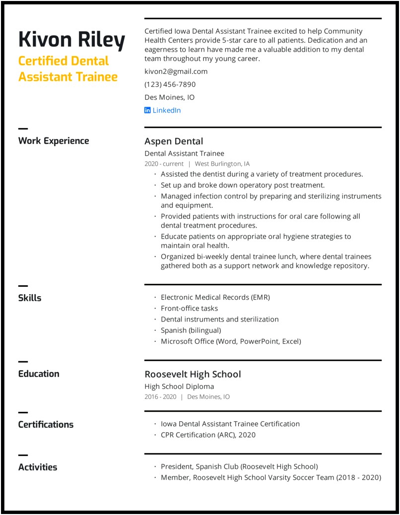 Resume Work Experience Dental Assistant Professional
