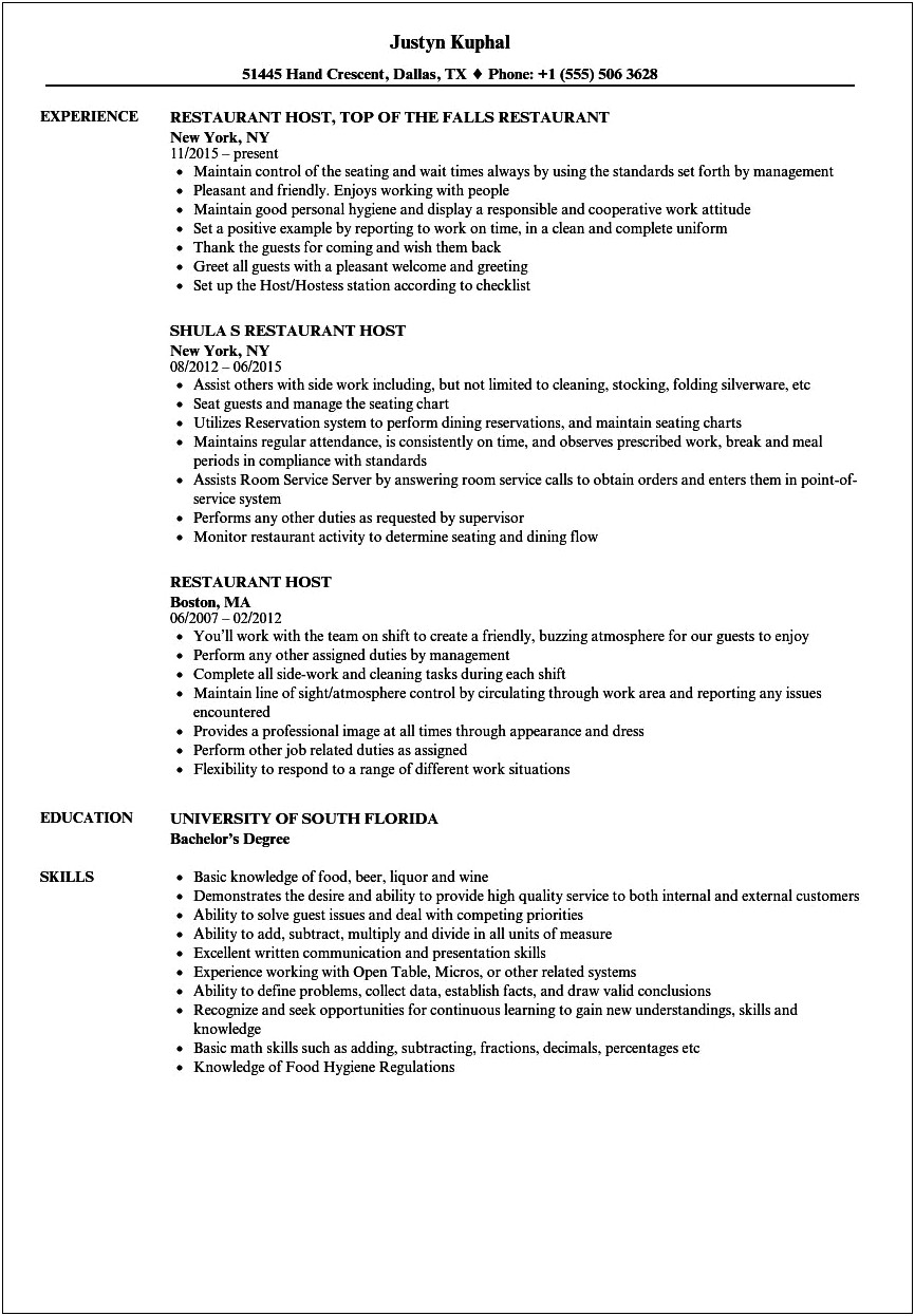 Resume Working At A Restaurant Examples