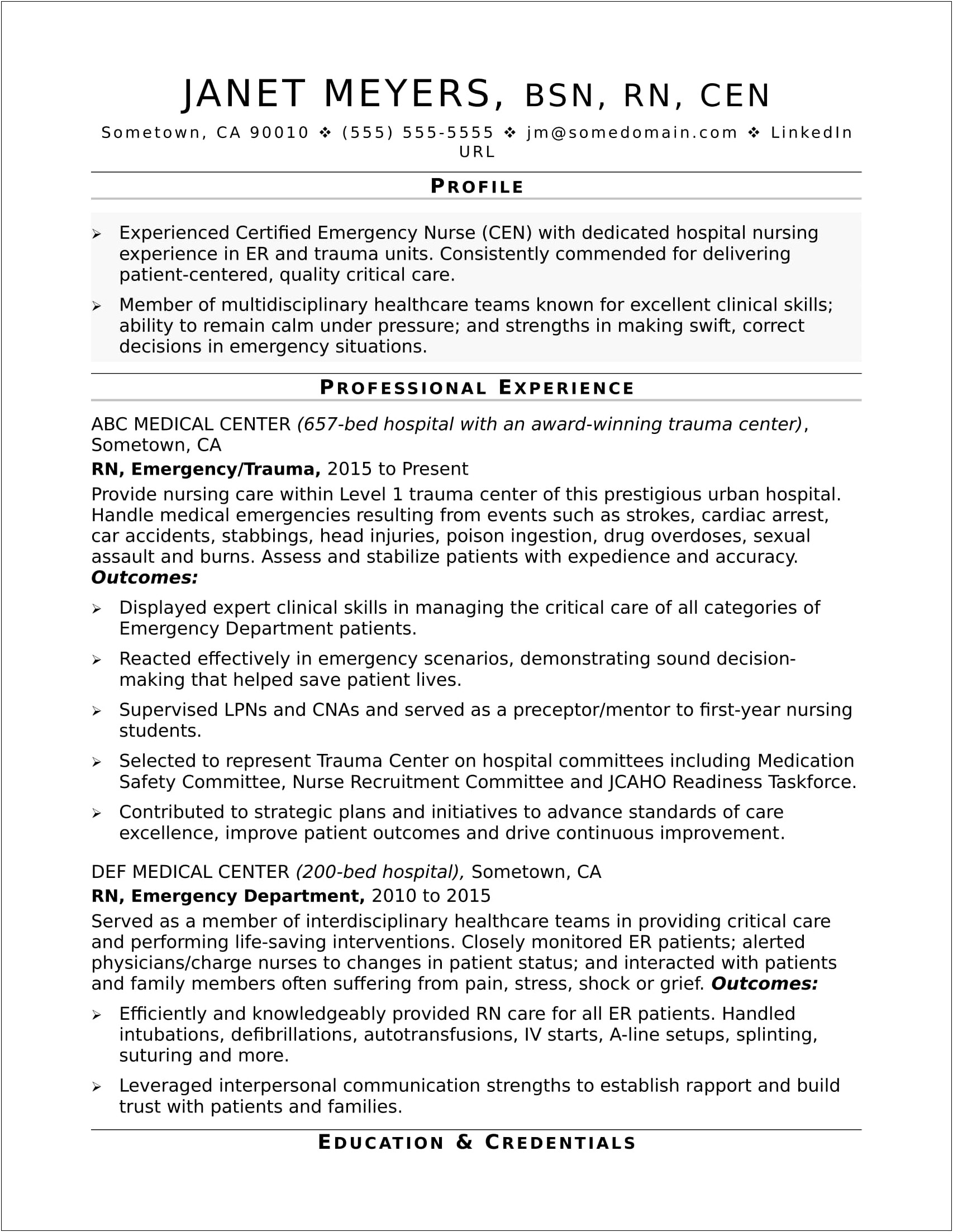 Resume Working In A Er As A Nurse