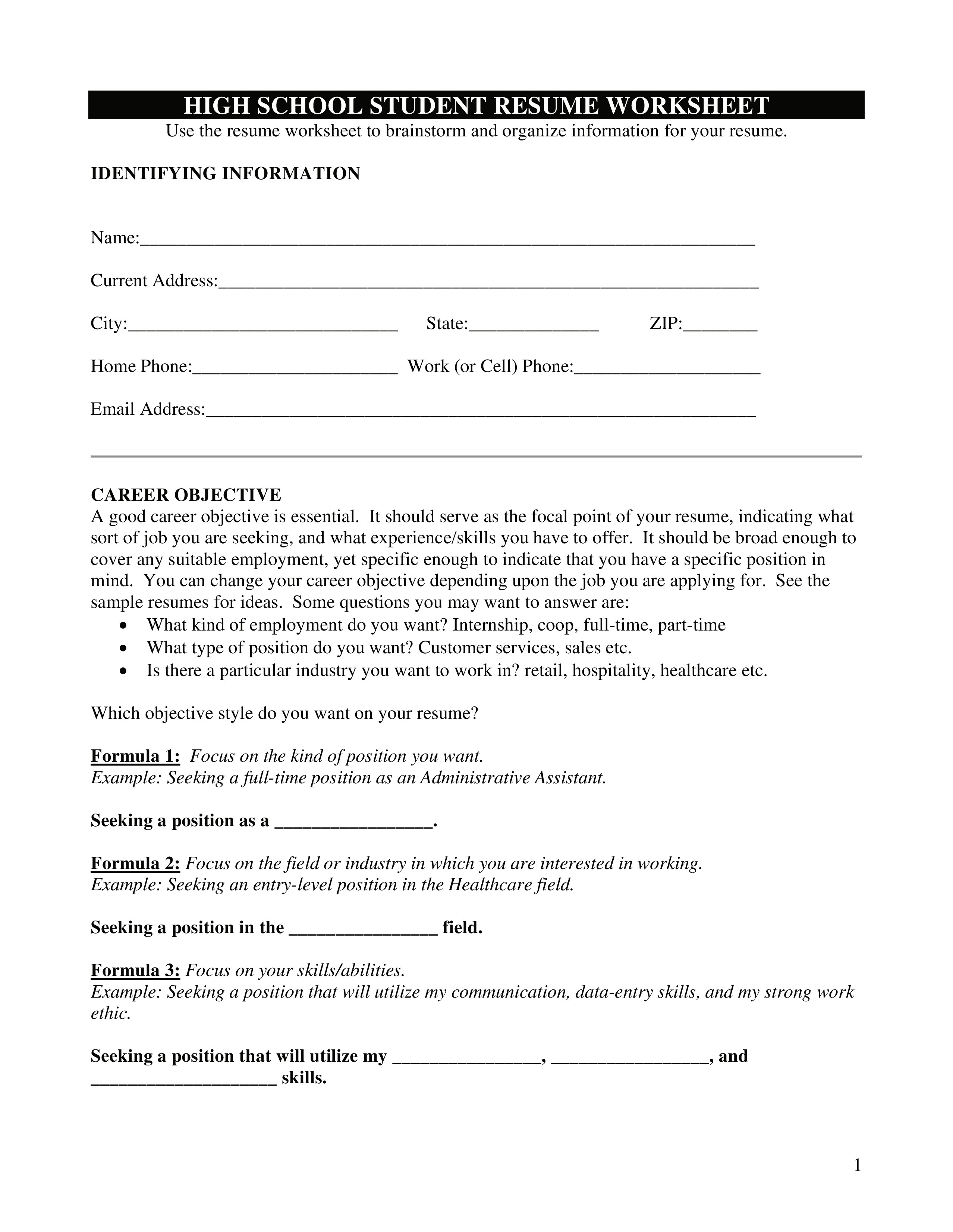 Resume Worksheet For High School Students Entry Level