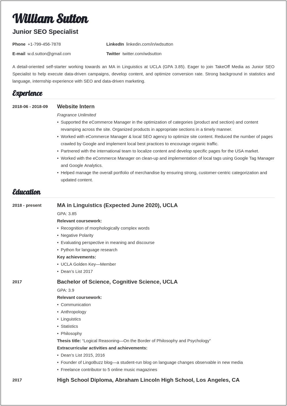 Resume Writing Examples For Students