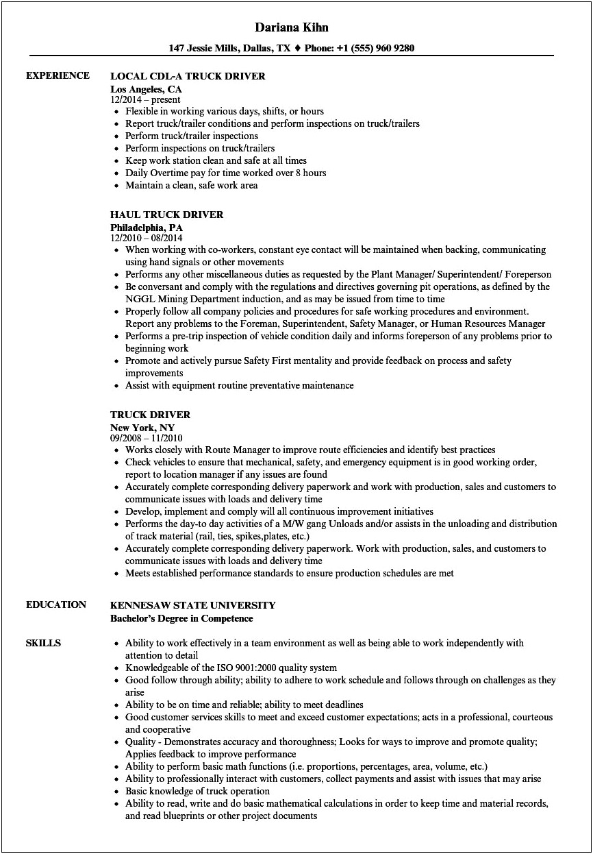 Resume Writing For Cdl Truck Driver Previous Job