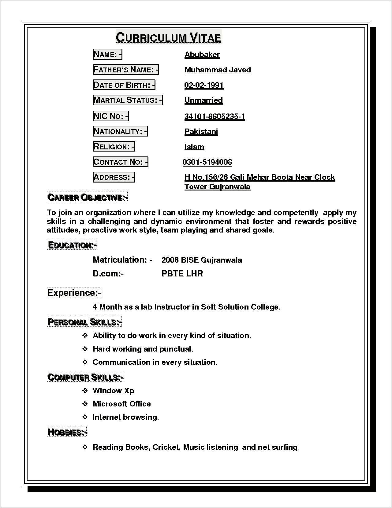 Resume Writing Sample For Students