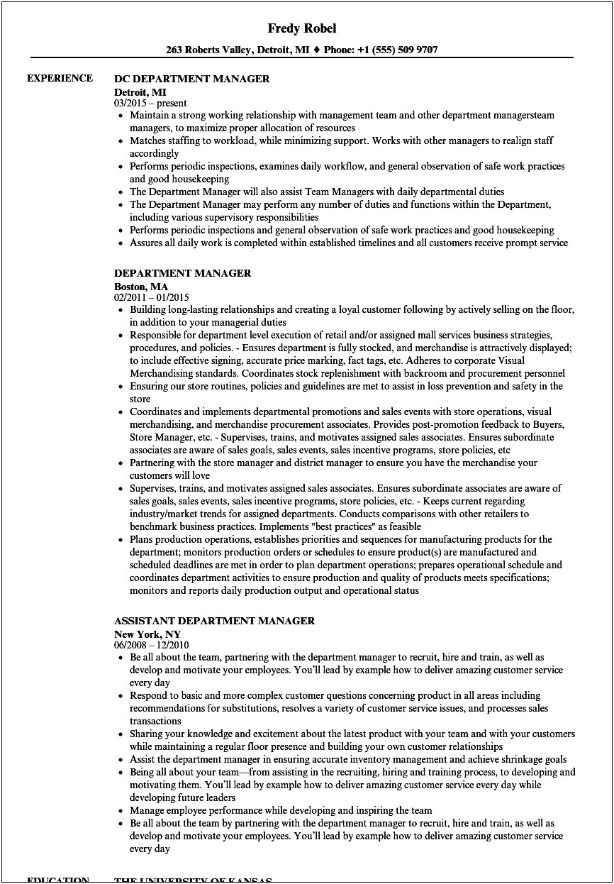 Resume Written By Walmart Department Manager