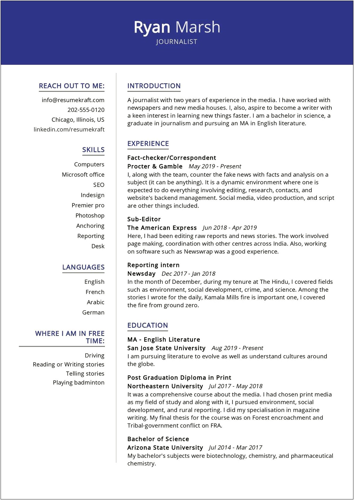 Resumes Examples For Journalism Degrees