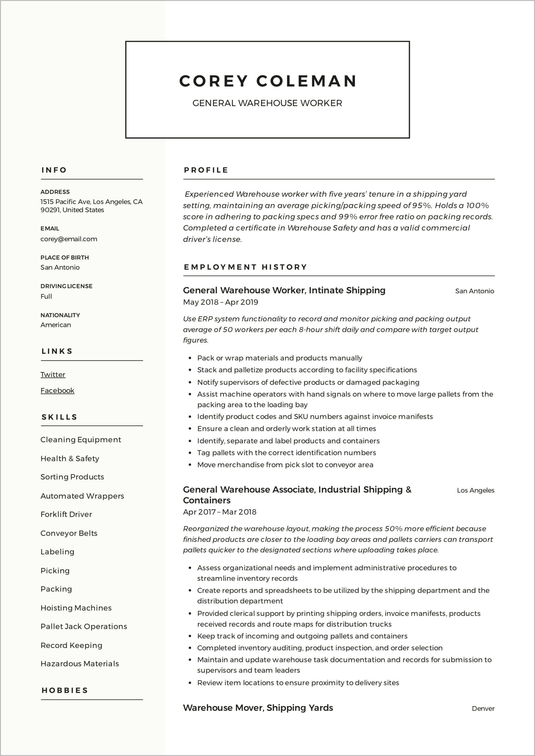 Resumes Examples For Warehouse Worker