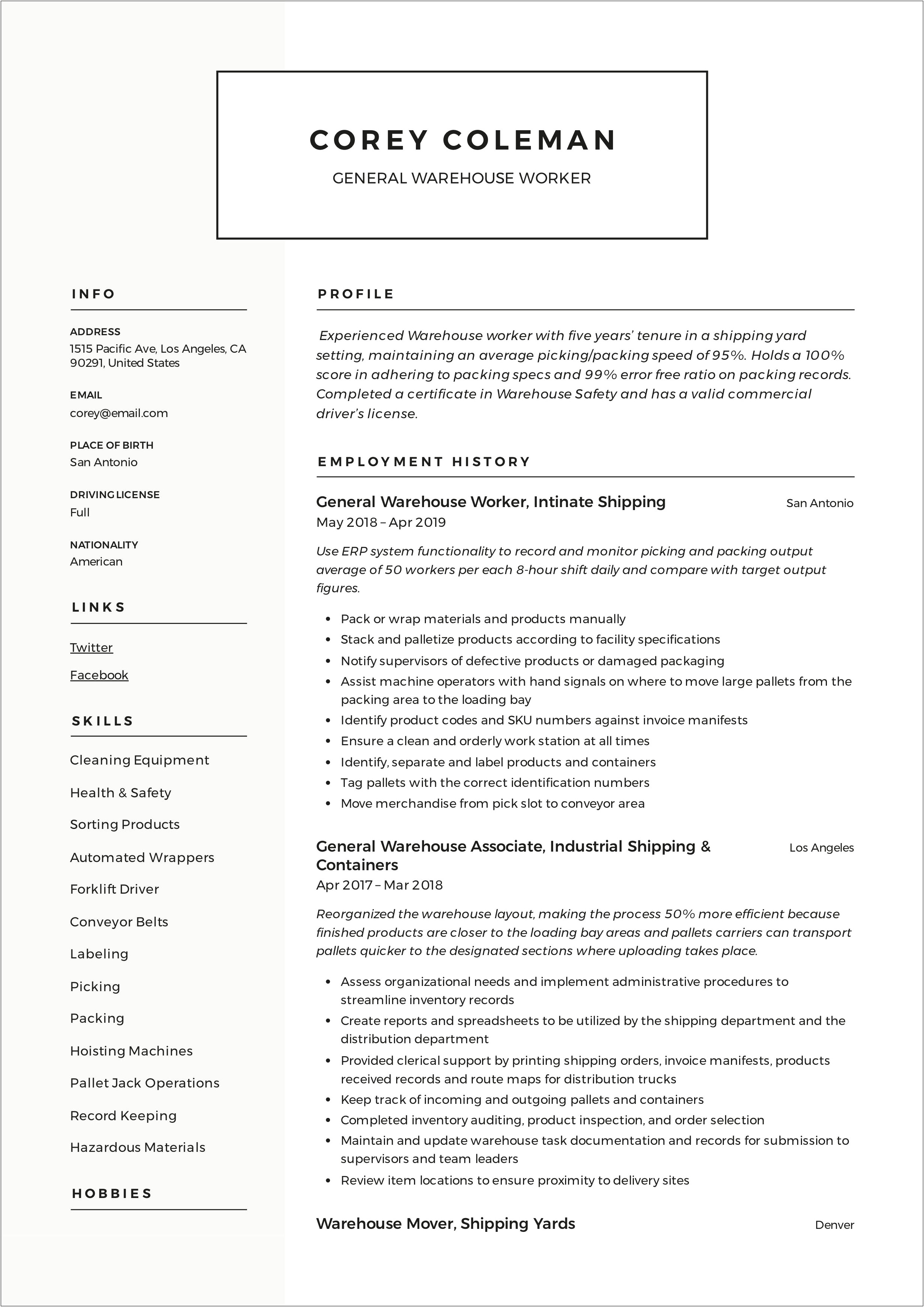 Resumes Examples For Warehouse Worker