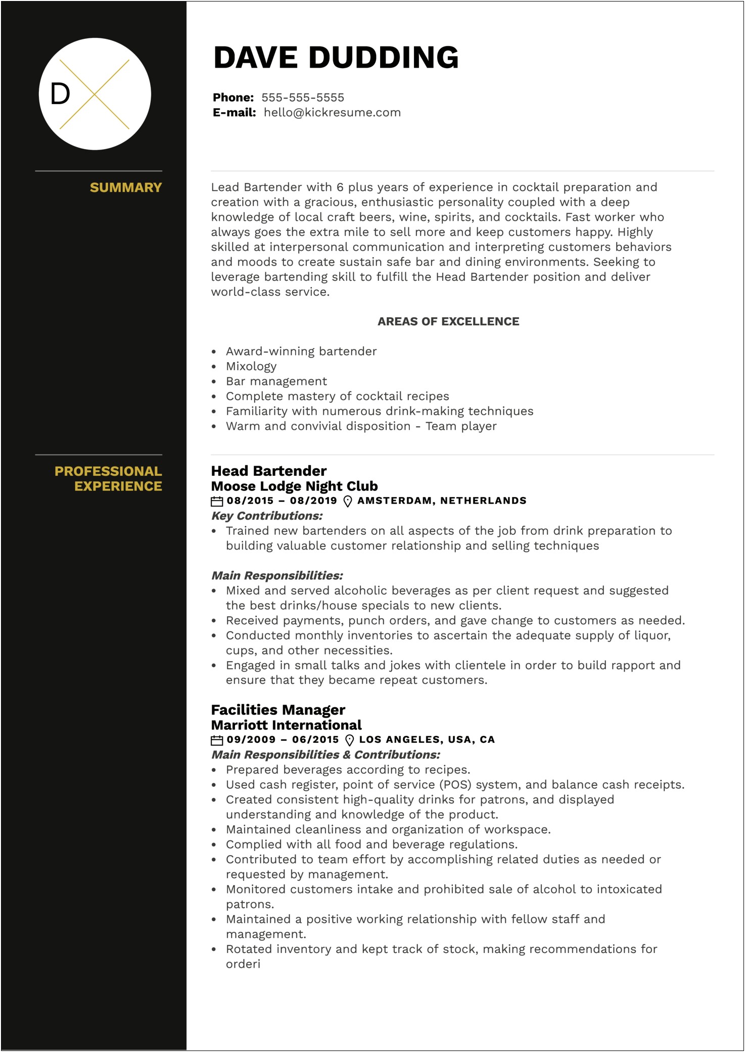 Resumes For Assistant Bar Managers