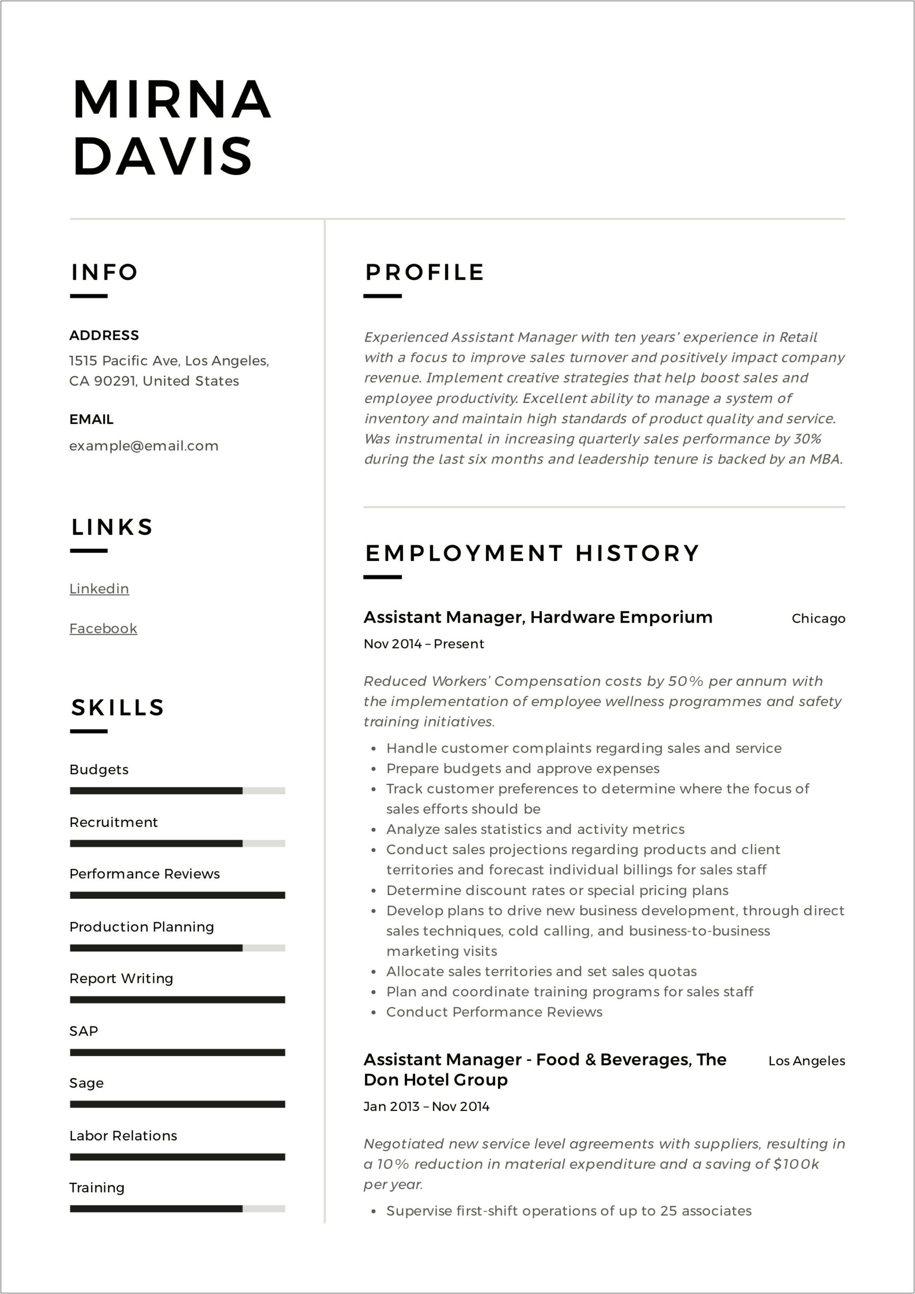 Resumes For Food Assistant Managers