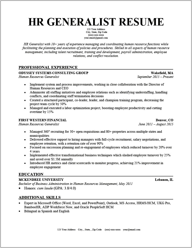 Resumes Objective For Human Resources Representative Position