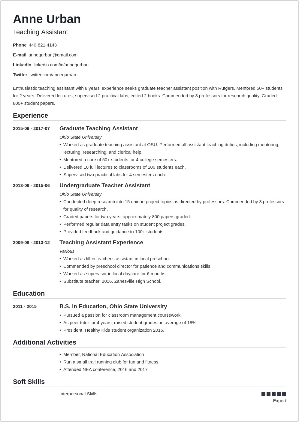 Resumes Objective Teacher's Assistant