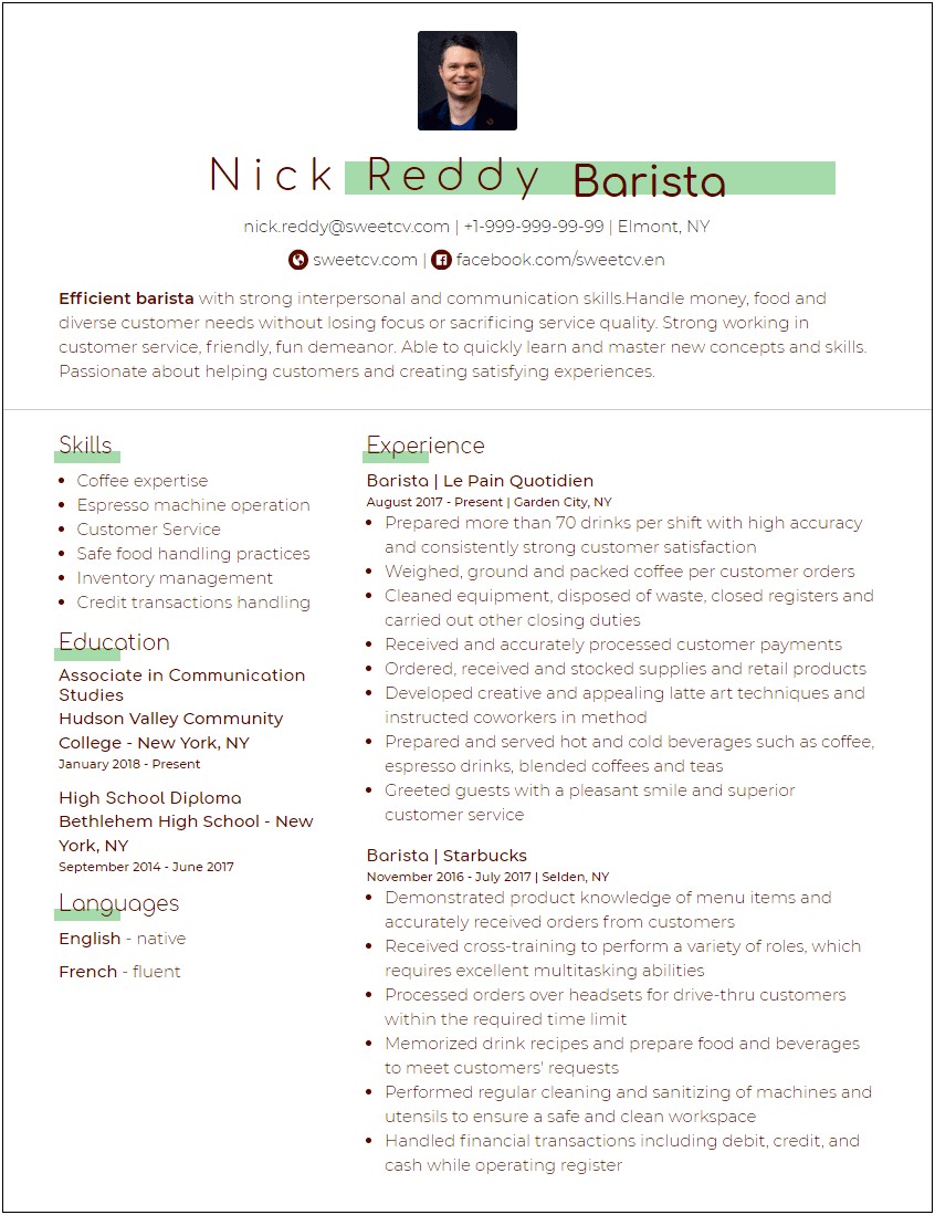 Resumes Samples For A Barista