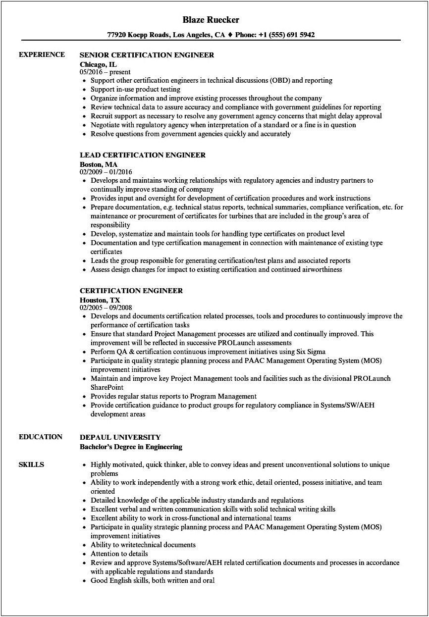 Resumes Which Include Certfications Samples
