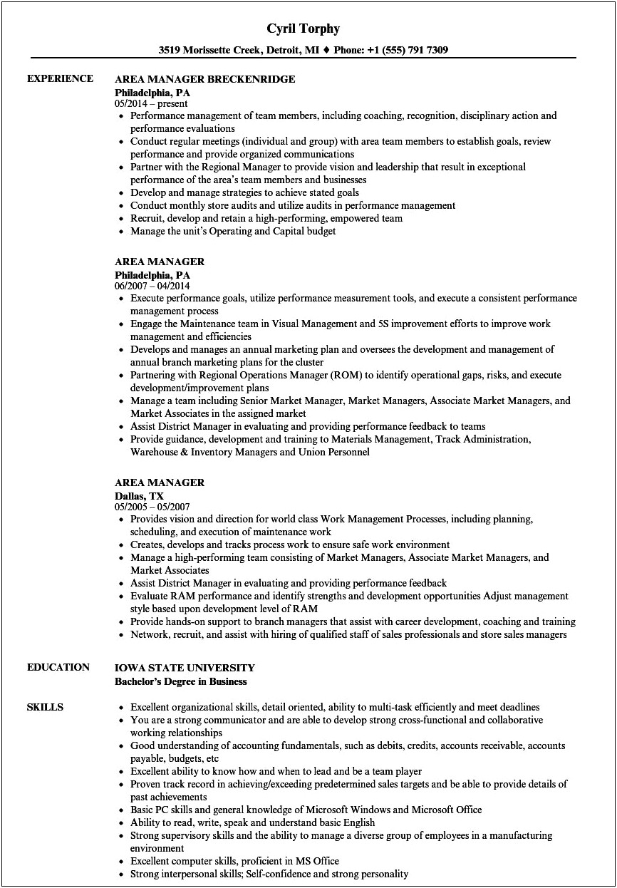 Retail Area Manager Job Description For Resume