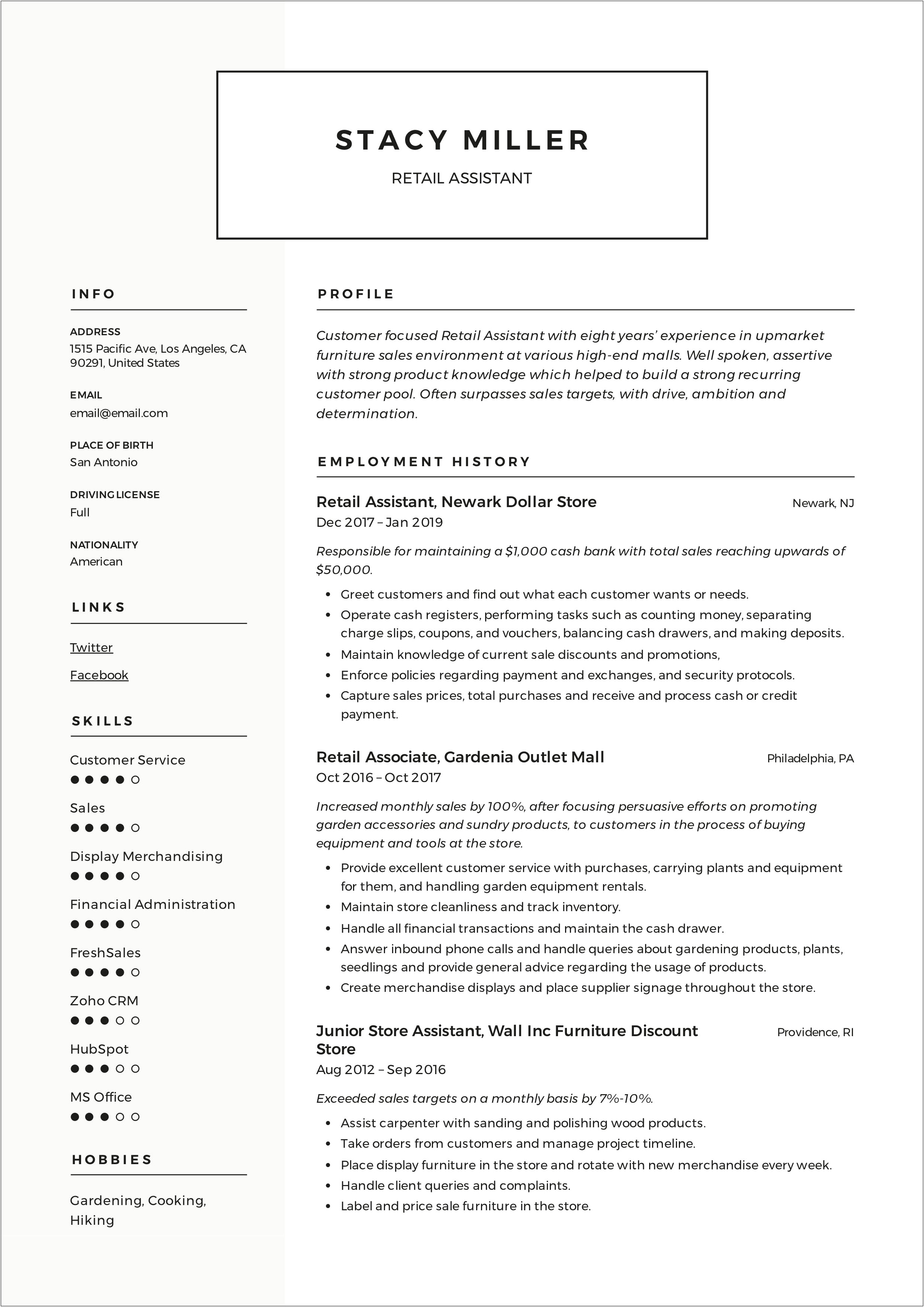 Retail Assistant Job Description For Resume