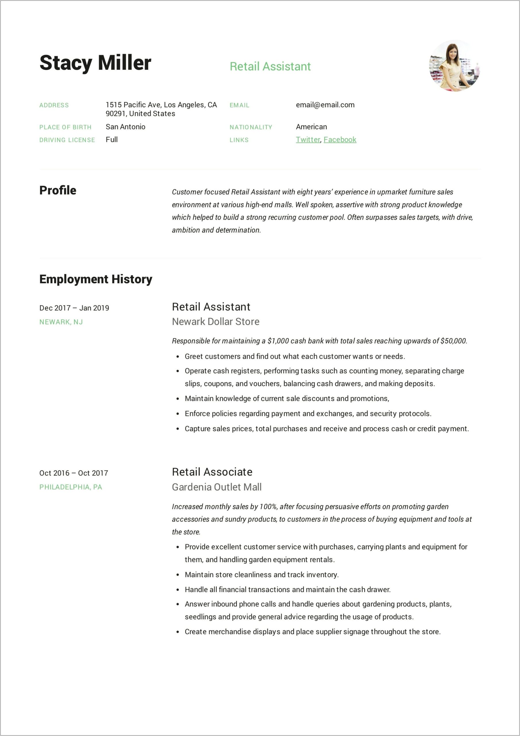 Retail Assistant Job Description Resume