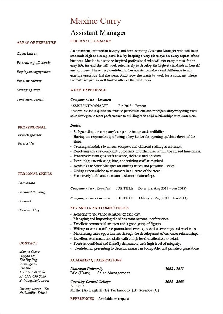 Retail Assistant Manager Job Resume