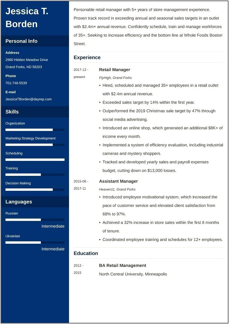 Retail Assistant Manager Resume Profile Summary Examples