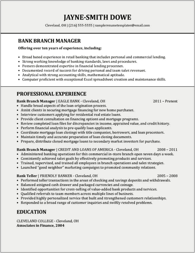 Retail Banking Operations Manager Resume