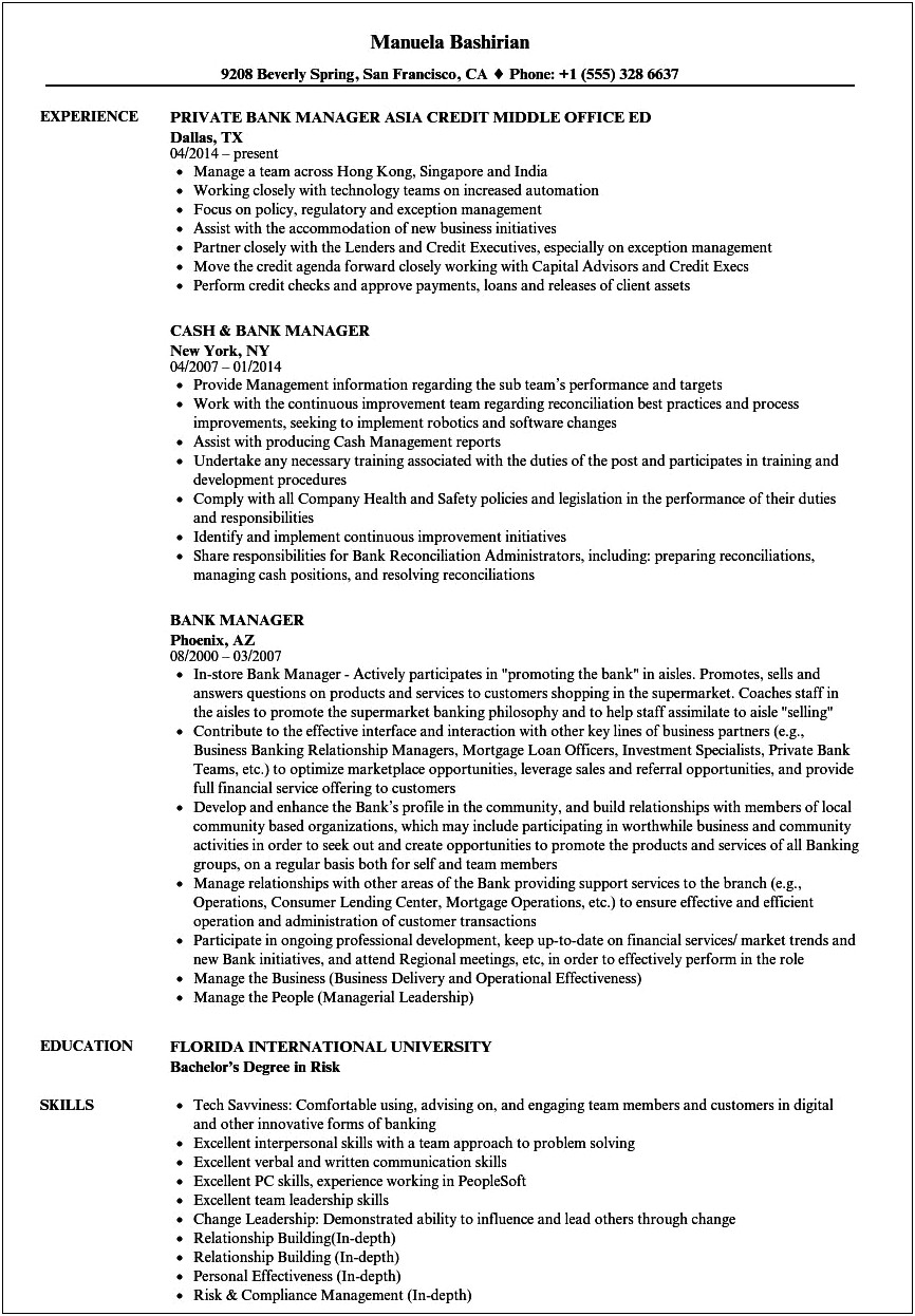 Retail Banking Project Manager Resume