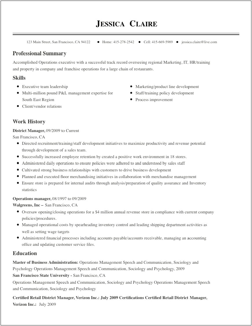 Retail District Manager Career Summary Examples Resume