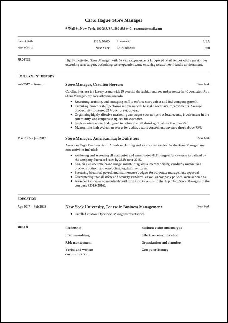 Retail District Manager Resume Summary