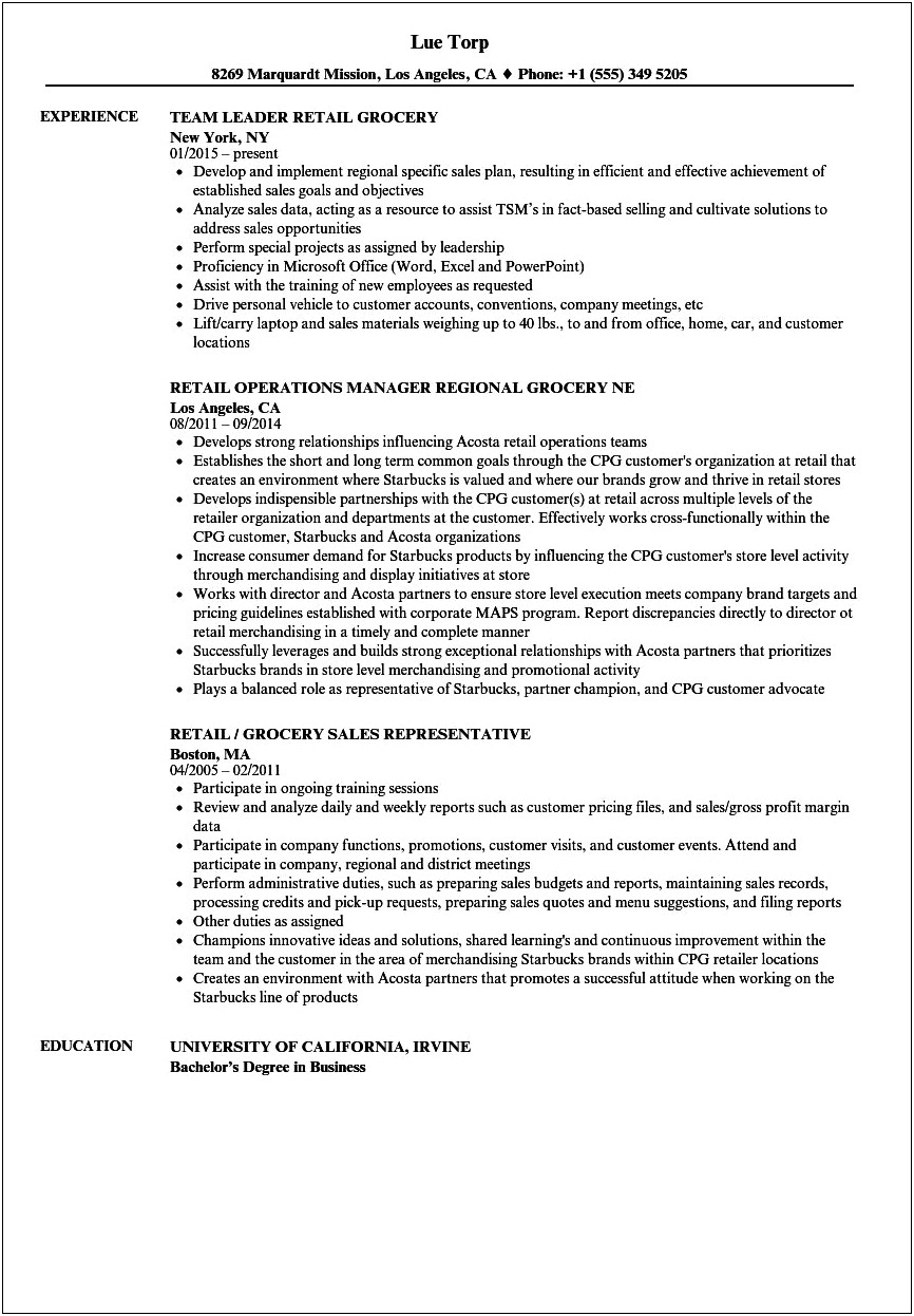 Retail Entry Level Resume Example