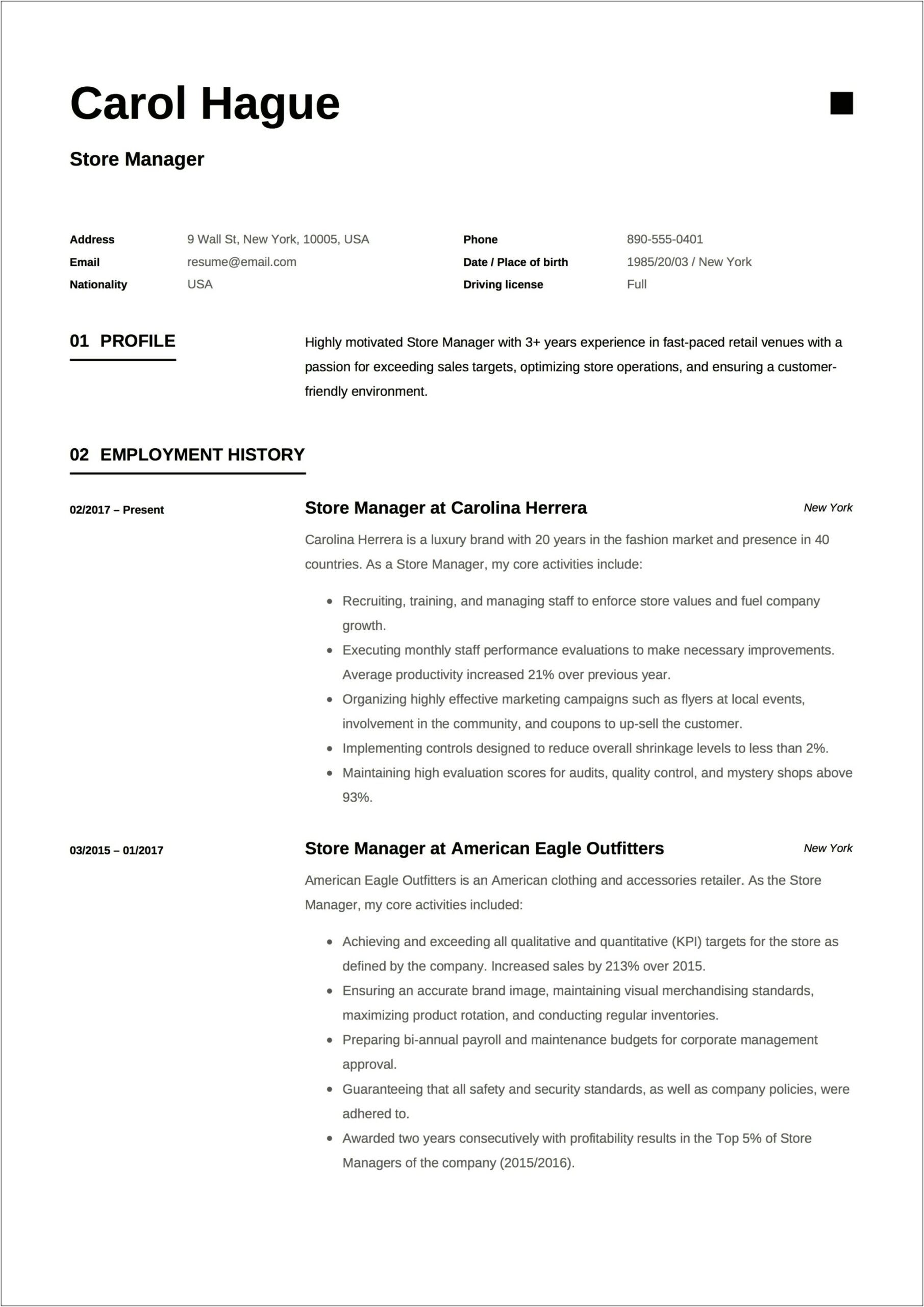 Retail Grocery Store Manager Resume