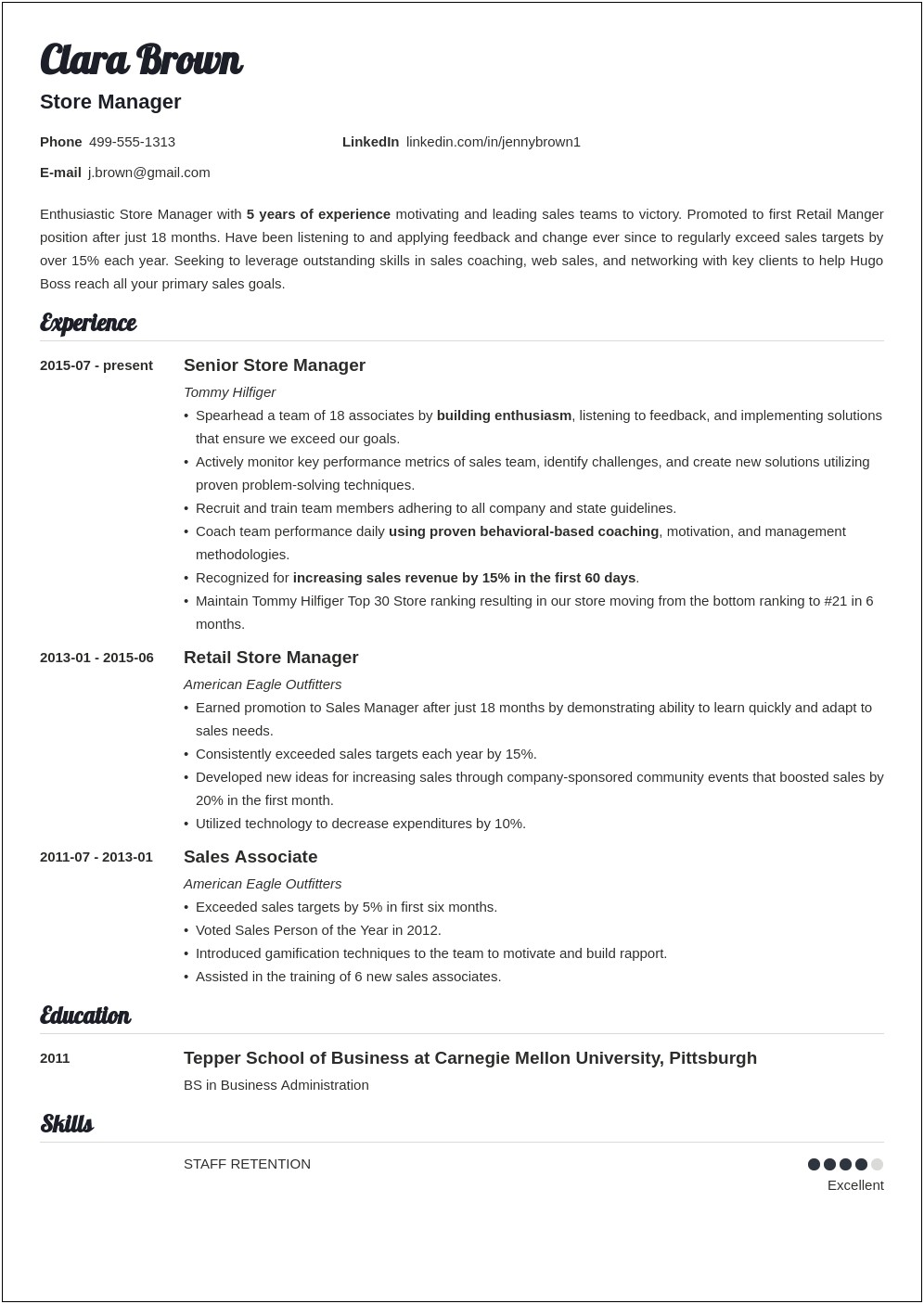Retail Jewelry Sales Manager Resume Sample